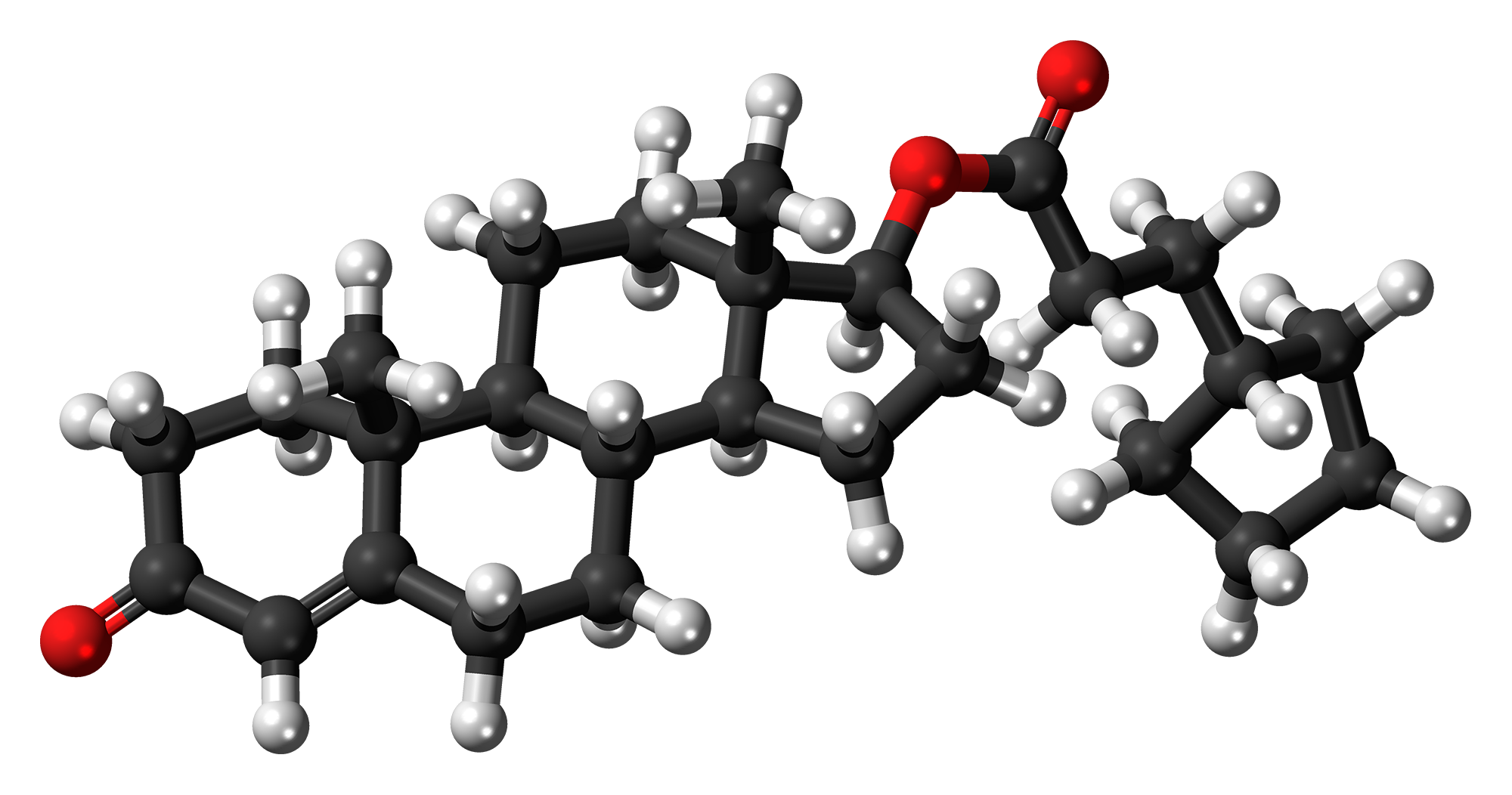 Harmony Hormone Solutions - Ball-and-stick model of a complex organic molecule showing multiple interconnected black (carbon), white (hydrogen), and red (oxygen) atoms with a linear and angular structure.