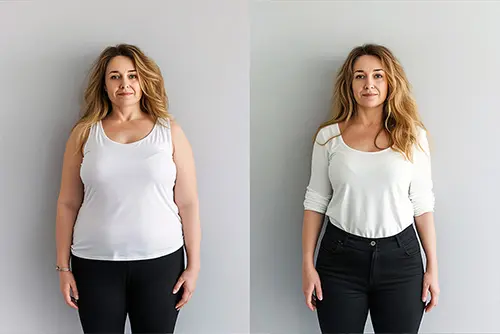 Harmony Hormone Solutions - Two side-by-side images of a woman wearing black pants; left image: white sleeveless top, right image: white long-sleeved top. Woman has long hair and stands against a plain background.