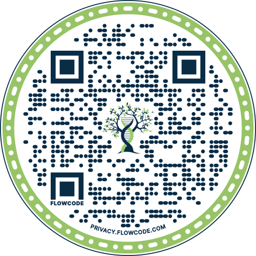 Harmony Hormone Solutions - A circular QR code with a green border and a DNA tree logo in the center, linking to privacy.flowcode.com.