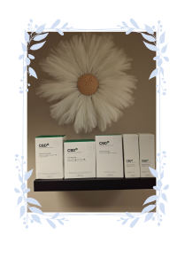 Harmony Hormone Solutions - Five CBD product boxes are arranged in a row on a black shelf beneath a large white decorative wall piece shaped like a flower, with a white and blue border framing the image.