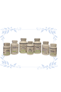 Harmony Hormone Solutions - Seven supplement bottles are arranged in a row, each labeled with different names and contents, against a plain white background with decorative blue leaf accents.